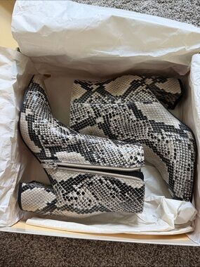 Marc Fisher Snake-Print Block Heel Ankle Boots - White & Black